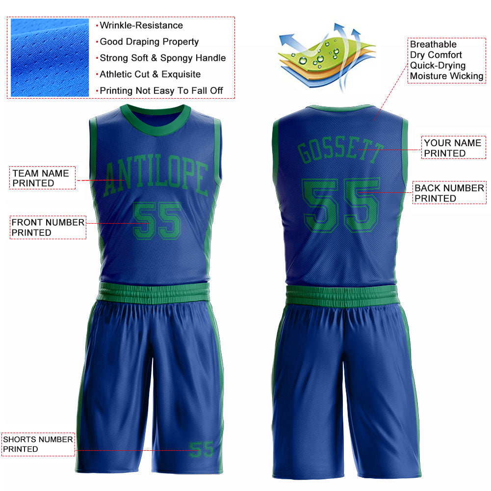 Custom Royal Kelly Green Round Neck Basketball Uniform Jersey