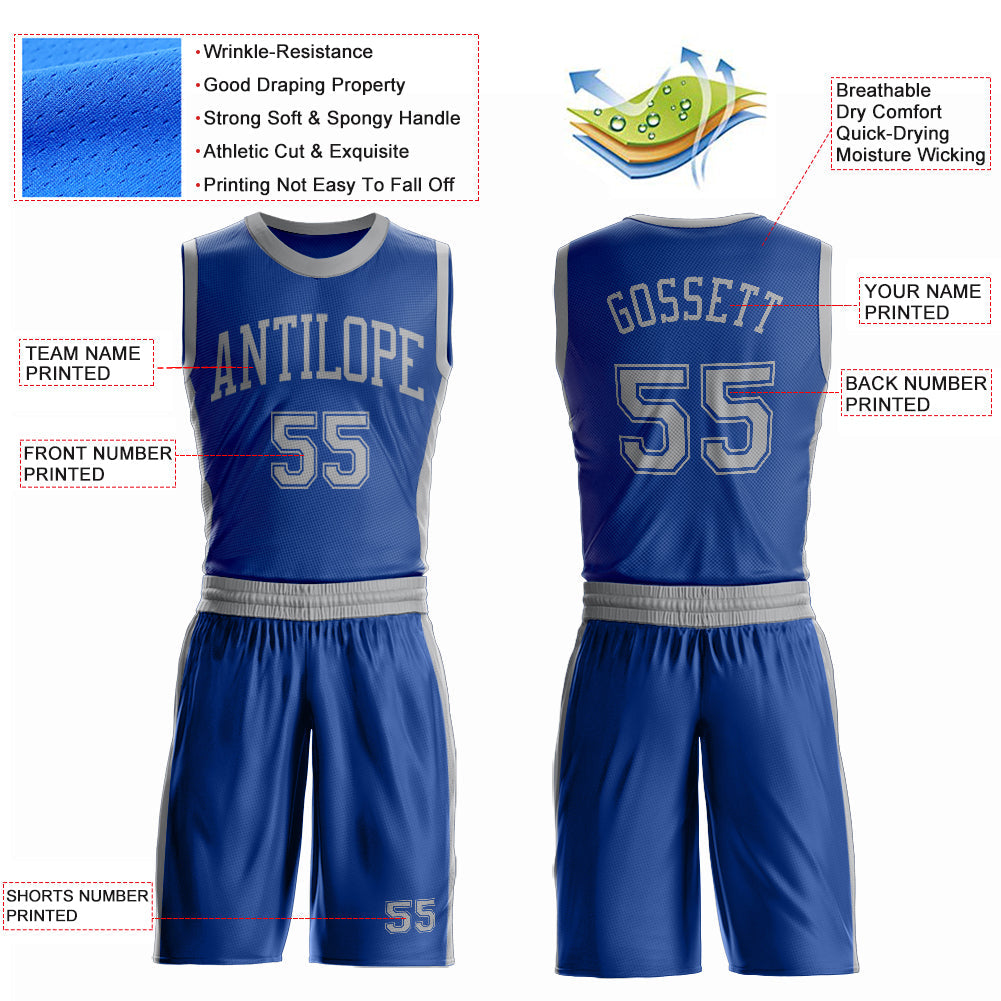 Custom Royal Gray Round Neck Basketball Uniform Jersey