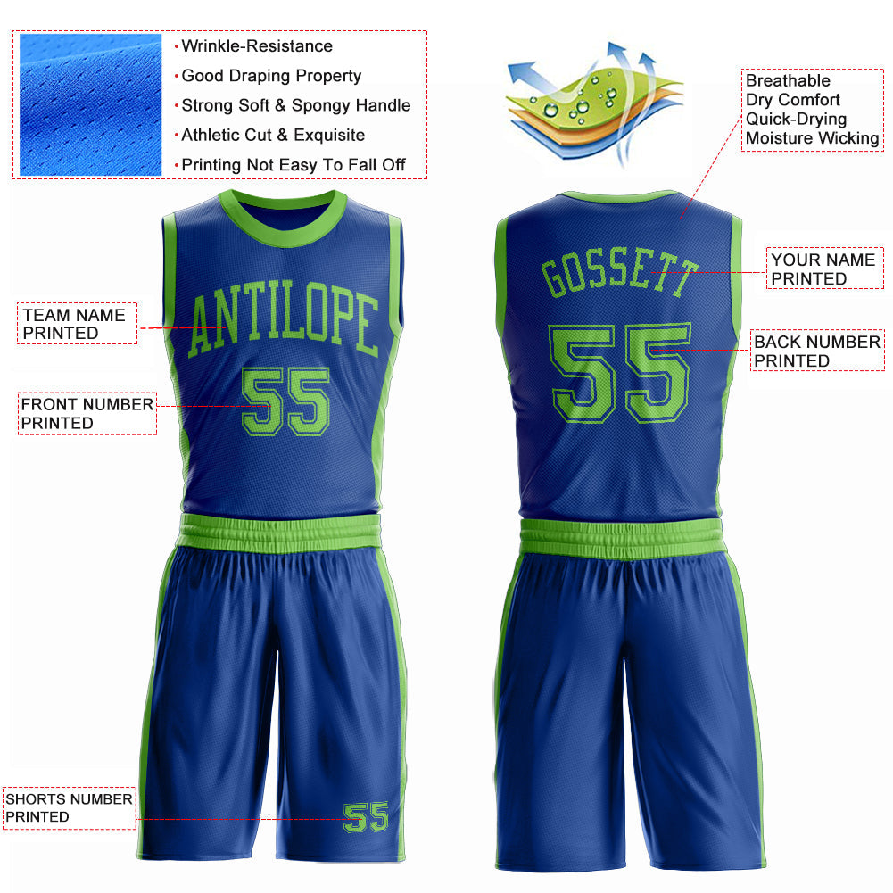 Custom Royal Neon Green Round Neck Basketball Uniform Jersey