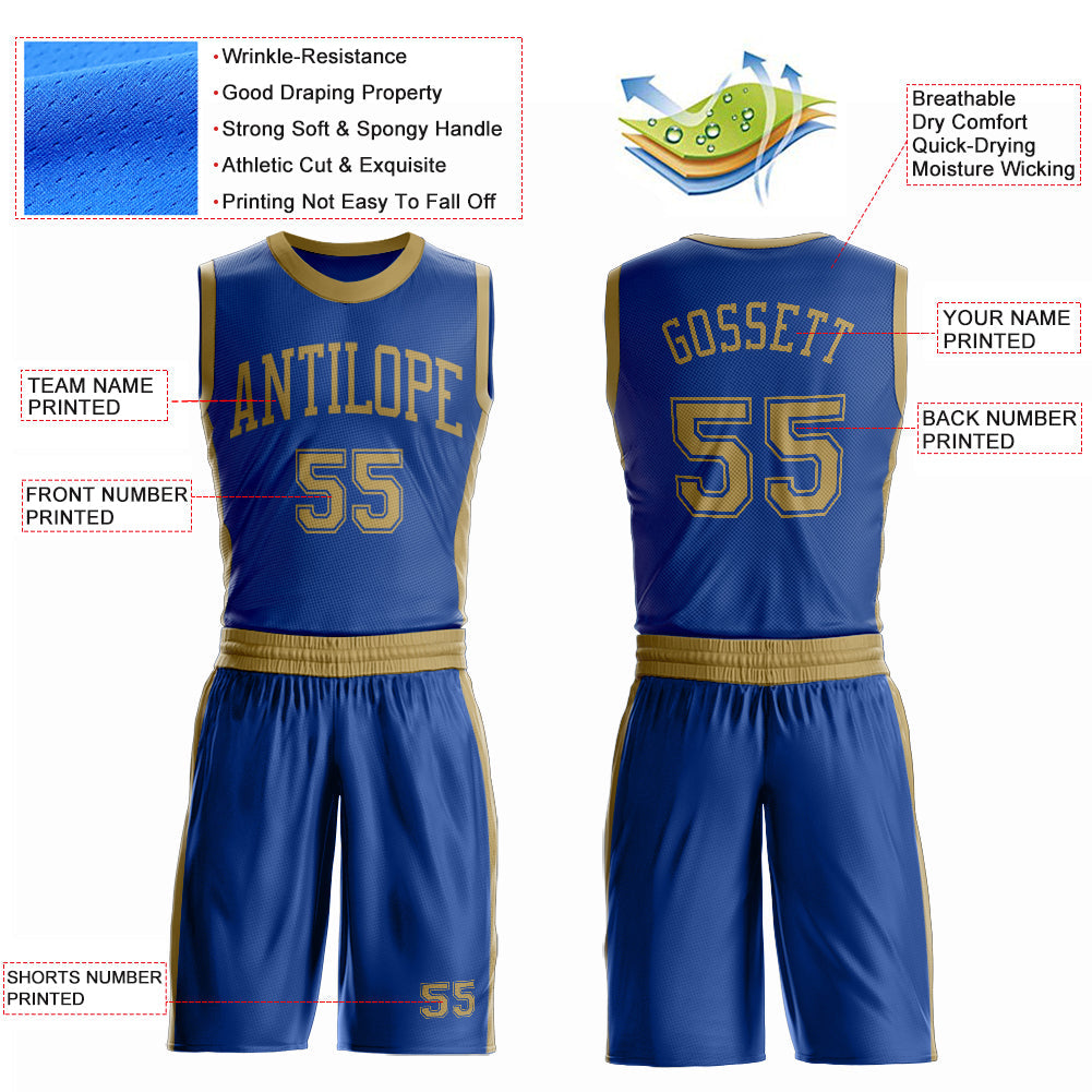 Custom Royal Old Gold Round Neck Basketball Uniform Jersey