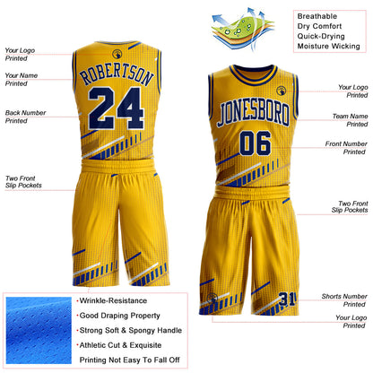Custom Yellow Navy Royal-White Geometric Stripe Round Neck Sublimation Basketball Uniform Jersey