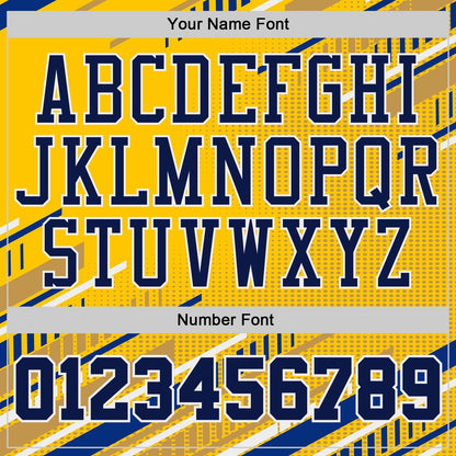 Custom Yellow Navy Royal-White Geometric Stripe Round Neck Sublimation Basketball Uniform Jersey