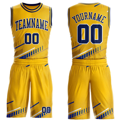 Custom Yellow Navy Royal-White Geometric Stripe Round Neck Sublimation Basketball Uniform Jersey