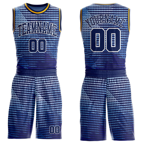 Custom Blue Navy White-Gold Gradient Geometric Stripe Round Neck Sublimation Basketball Uniform Jersey