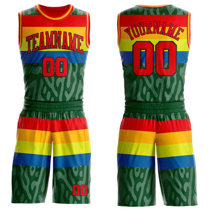 Custom Green Fire Red Blue Black-Gold Stripe Camo Round Neck Sublimation Basketball Uniform Jersey
