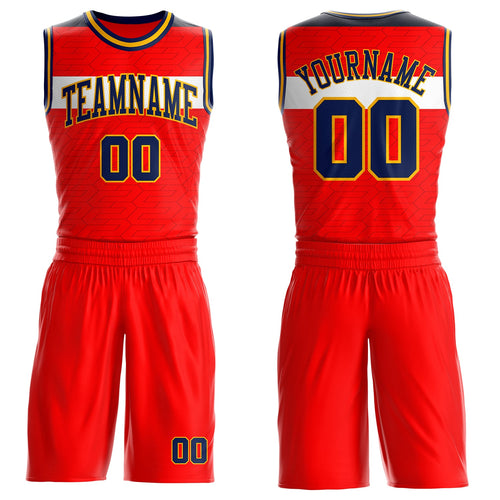 Custom Red Navy White-Gold Geometric Stripe Round Neck Sublimation Basketball Uniform Jersey