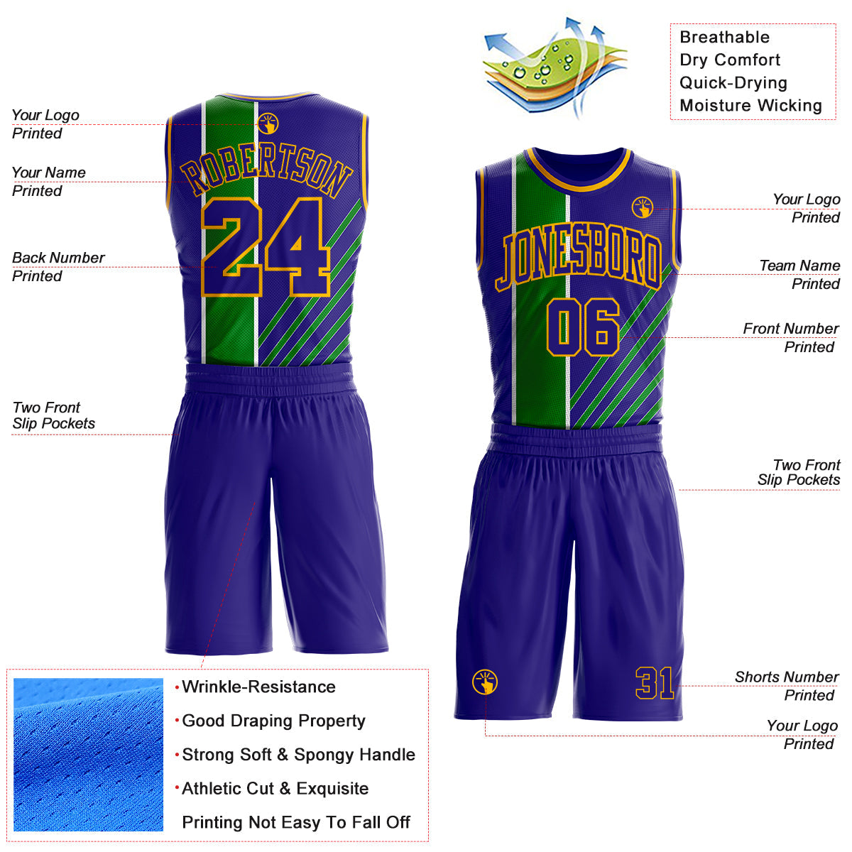 Custom Dark Purple Grass Green White-Gold Geometric Stripe Round Neck Sublimation Basketball Uniform Jersey