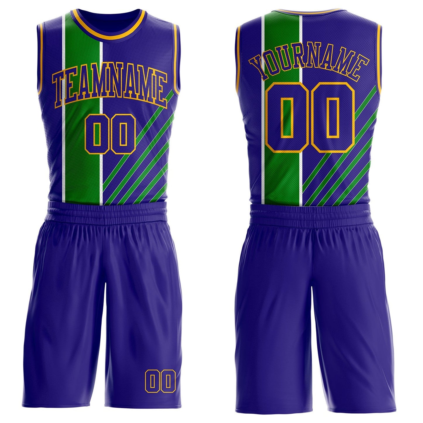 Custom Dark Purple Grass Green White-Gold Geometric Stripe Round Neck Sublimation Basketball Uniform Jersey