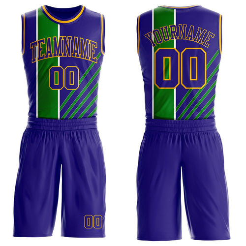 Custom Dark Purple Grass Green White-Gold Geometric Stripe Round Neck Sublimation Basketball Uniform Jersey