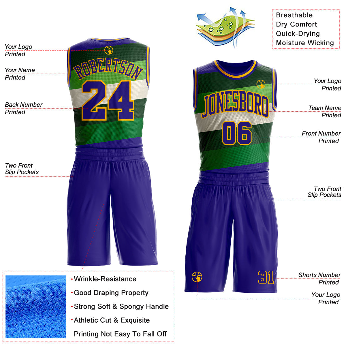 Custom Dark Purple Green-Gold Geometric Stripe Round Neck Sublimation Basketball Uniform Jersey