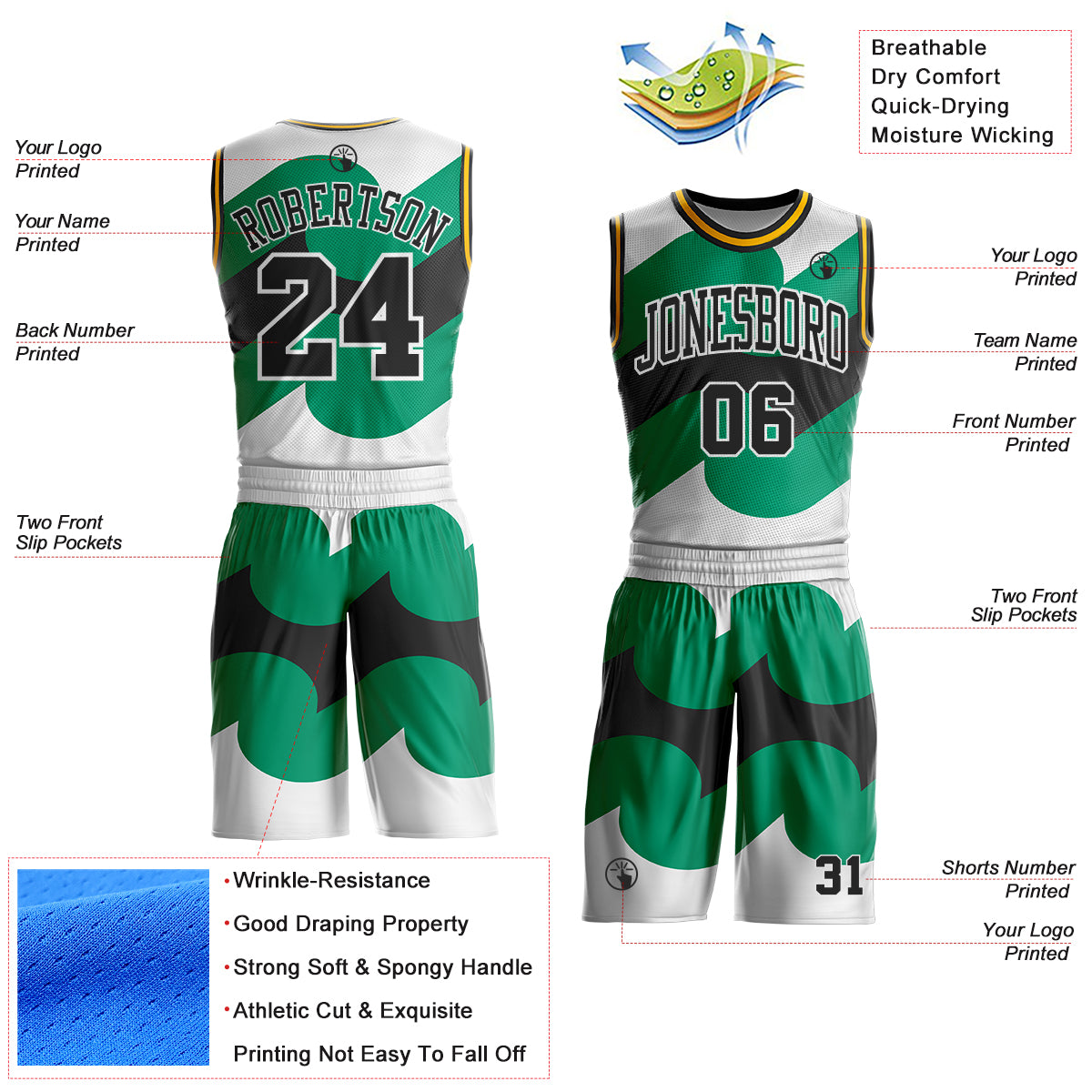 Custom White Black Green-Gold Wave Geometric Stripe Round Neck Sublimation Basketball Uniform Jersey
