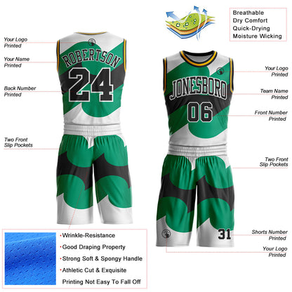 Custom White Black Green-Gold Wave Geometric Stripe Round Neck Sublimation Basketball Uniform Jersey