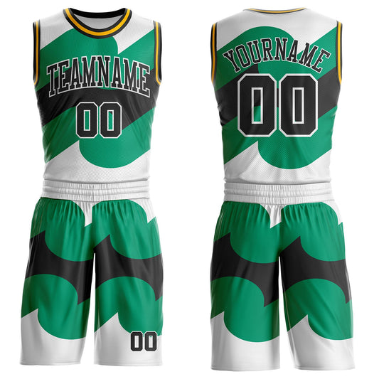 Custom White Black Green-Gold Wave Geometric Stripe Round Neck Sublimation Basketball Uniform Jersey