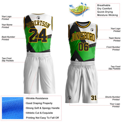 Custom White Black Green-Gold Triangle Geometric Stripe Round Neck Sublimation Basketball Uniform Jersey