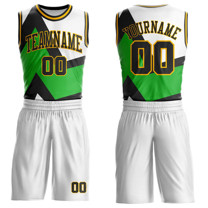 Custom White Black Green-Gold Triangle Geometric Stripe Round Neck Sublimation Basketball Uniform Jersey