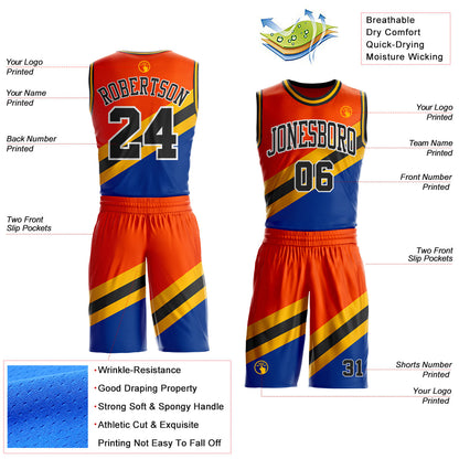 Custom Orange Black Gold Royal-White Geometric Stripe Round Neck Sublimation Basketball Uniform Jersey