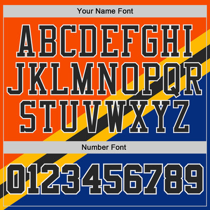 Custom Orange Black Gold Royal-White Geometric Stripe Round Neck Sublimation Basketball Uniform Jersey