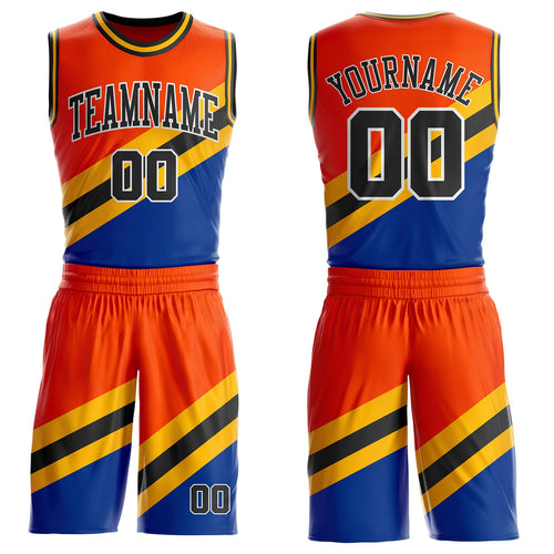 Custom Orange Black Gold Royal-White Geometric Stripe Round Neck Sublimation Basketball Uniform Jersey