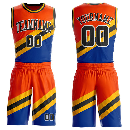 Custom Orange Black Gold Royal-White Geometric Stripe Round Neck Sublimation Basketball Uniform Jersey