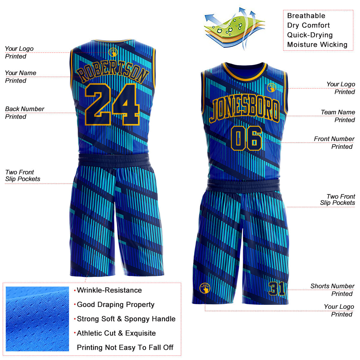 Custom Thunder Blue Navy Lakes Blue-Gold Geometric Stripe Round Neck Sublimation Basketball Uniform Jersey
