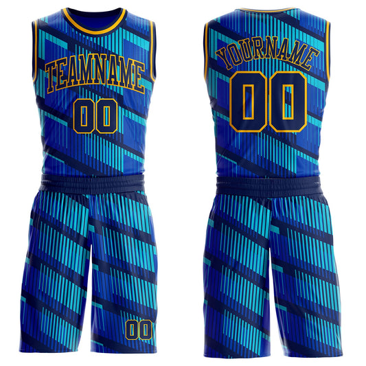 Custom Thunder Blue Navy Lakes Blue-Gold Geometric Stripe Round Neck Sublimation Basketball Uniform Jersey