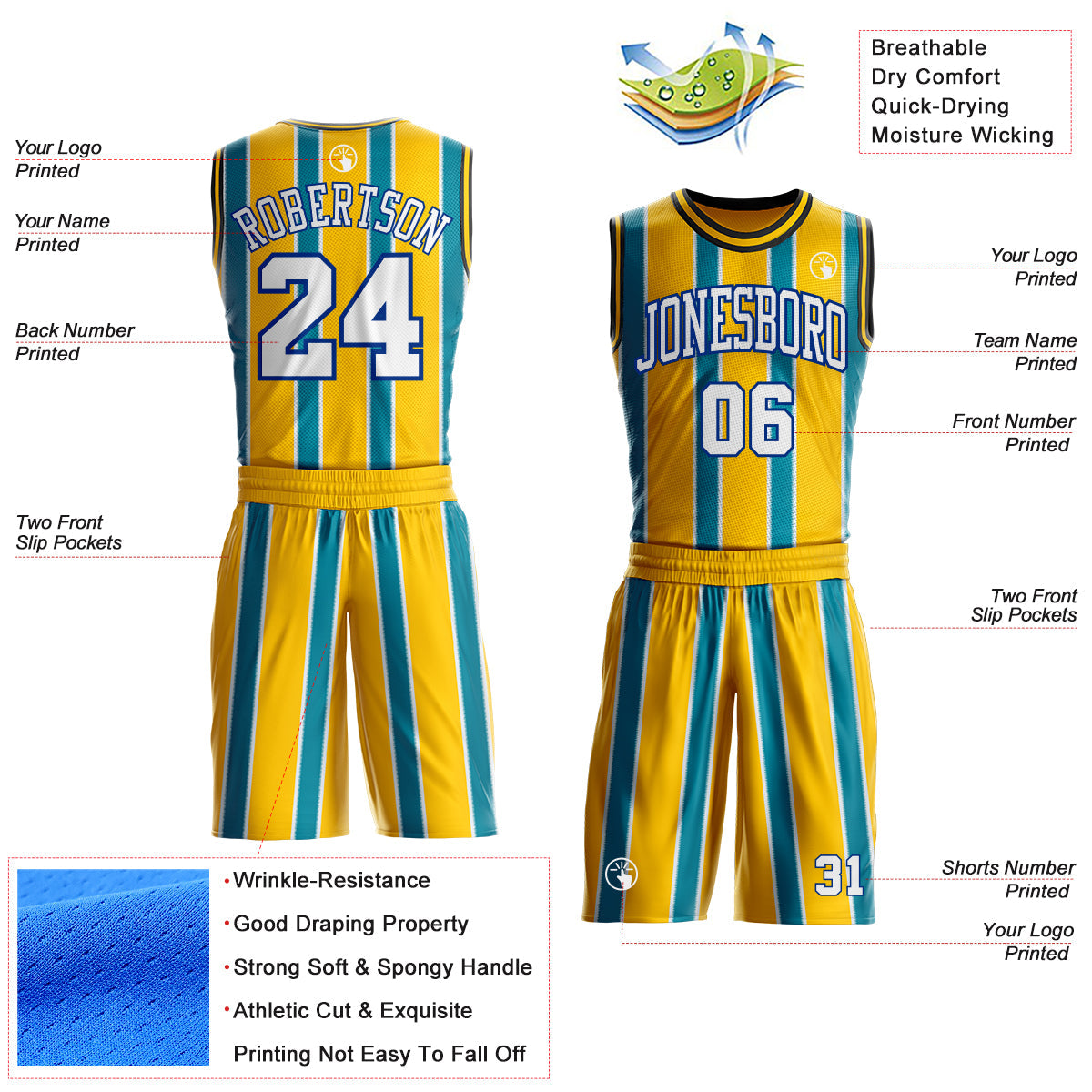 Custom Yellow White Teal Royal-Black Geometric Stripe Round Neck Sublimation Basketball Uniform Jersey