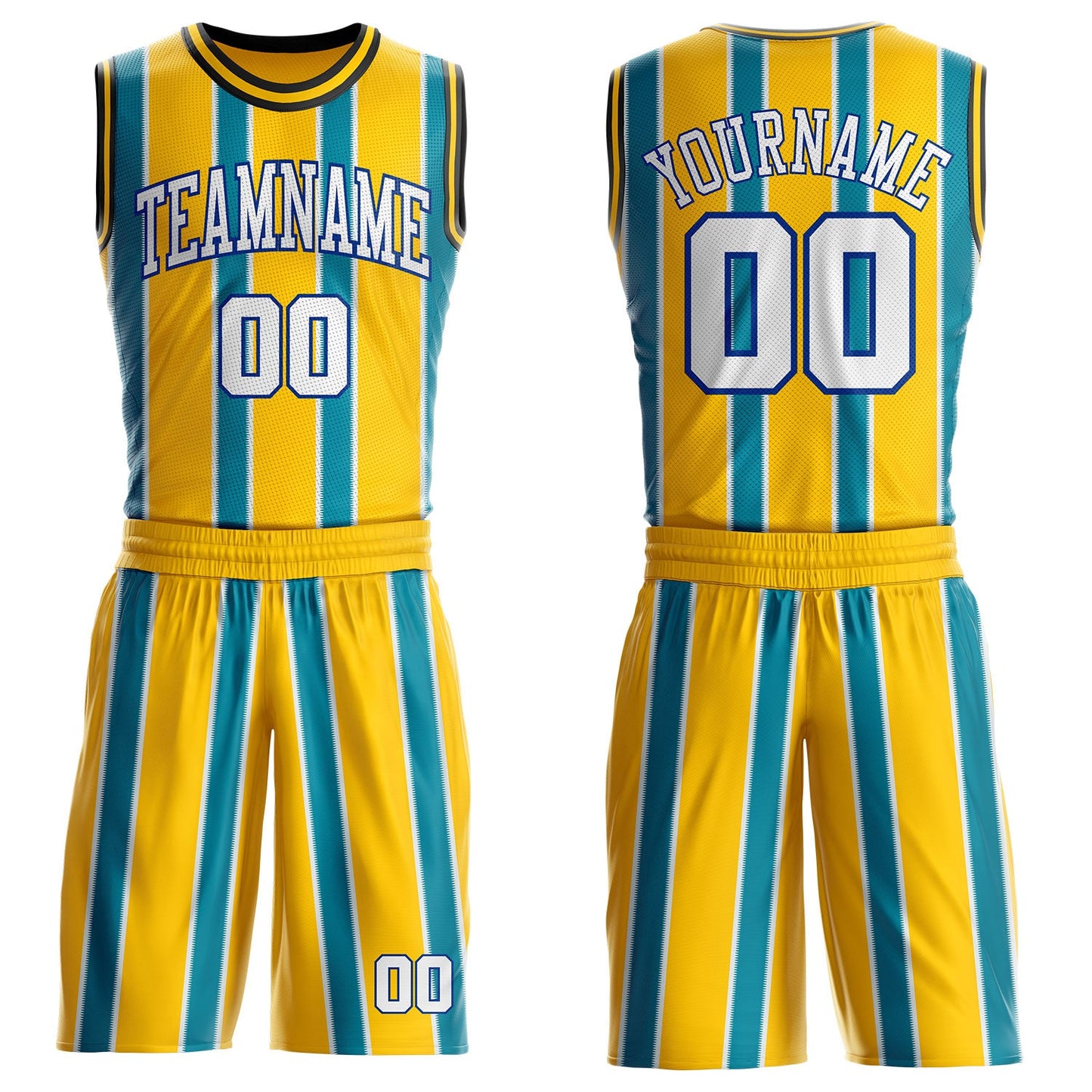 Custom Yellow White Teal Royal-Black Geometric Stripe Round Neck Sublimation Basketball Uniform Jersey