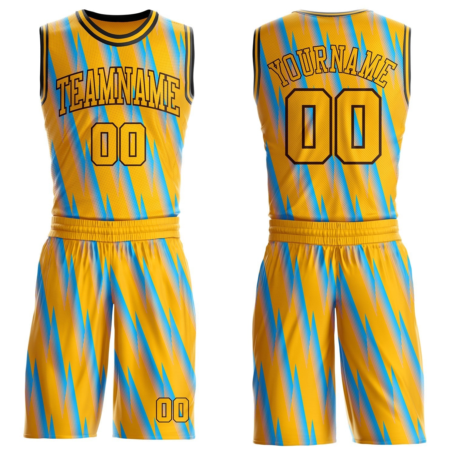 Custom Gold Lakes Blue Brown-Black Gradient Lightning Stripe Round Neck Sublimation Basketball Uniform Jersey