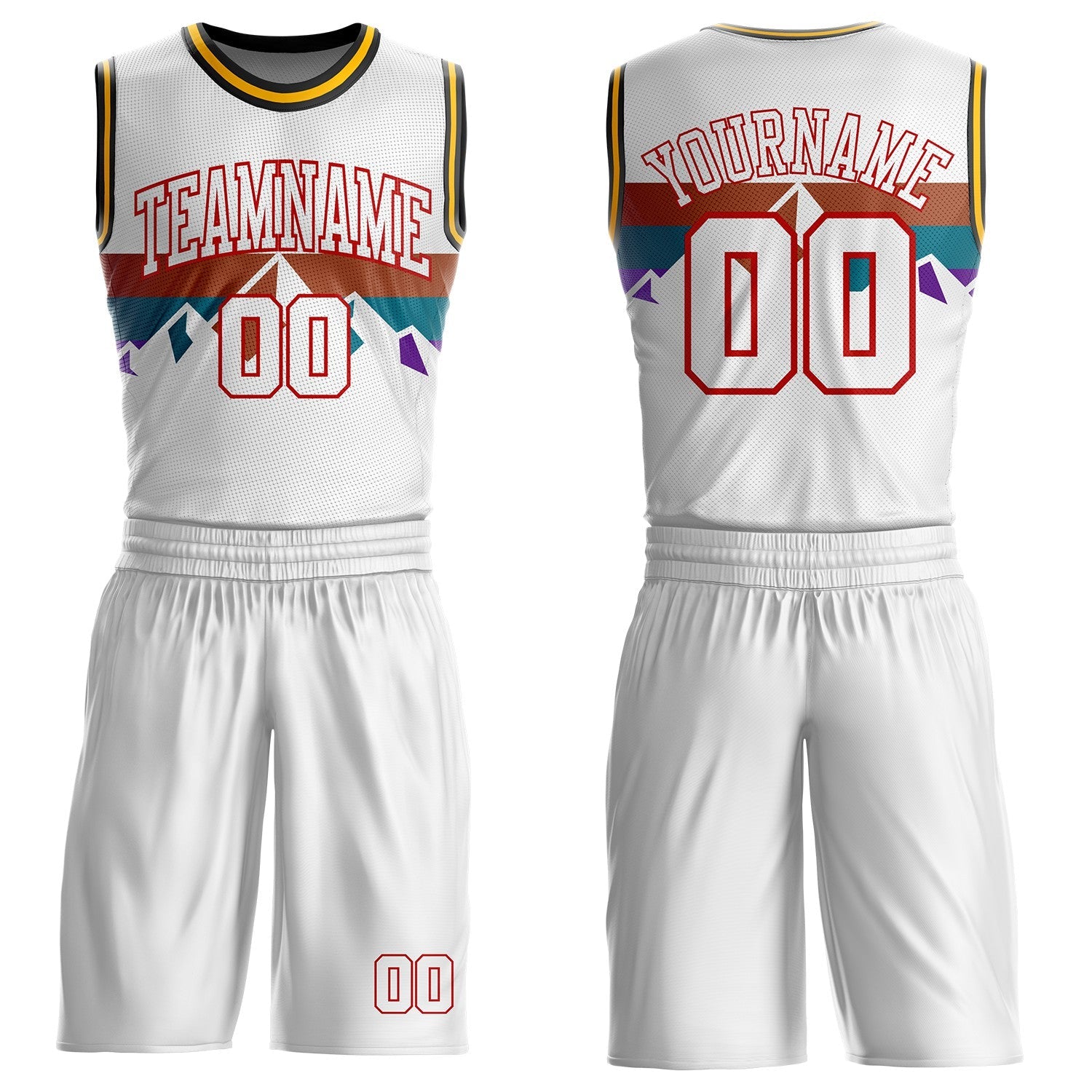Custom White Texas Orange Teal Purple Red Black-Gold Mountain Geometric Stripe Round Neck Sublimation Basketball Uniform Jersey