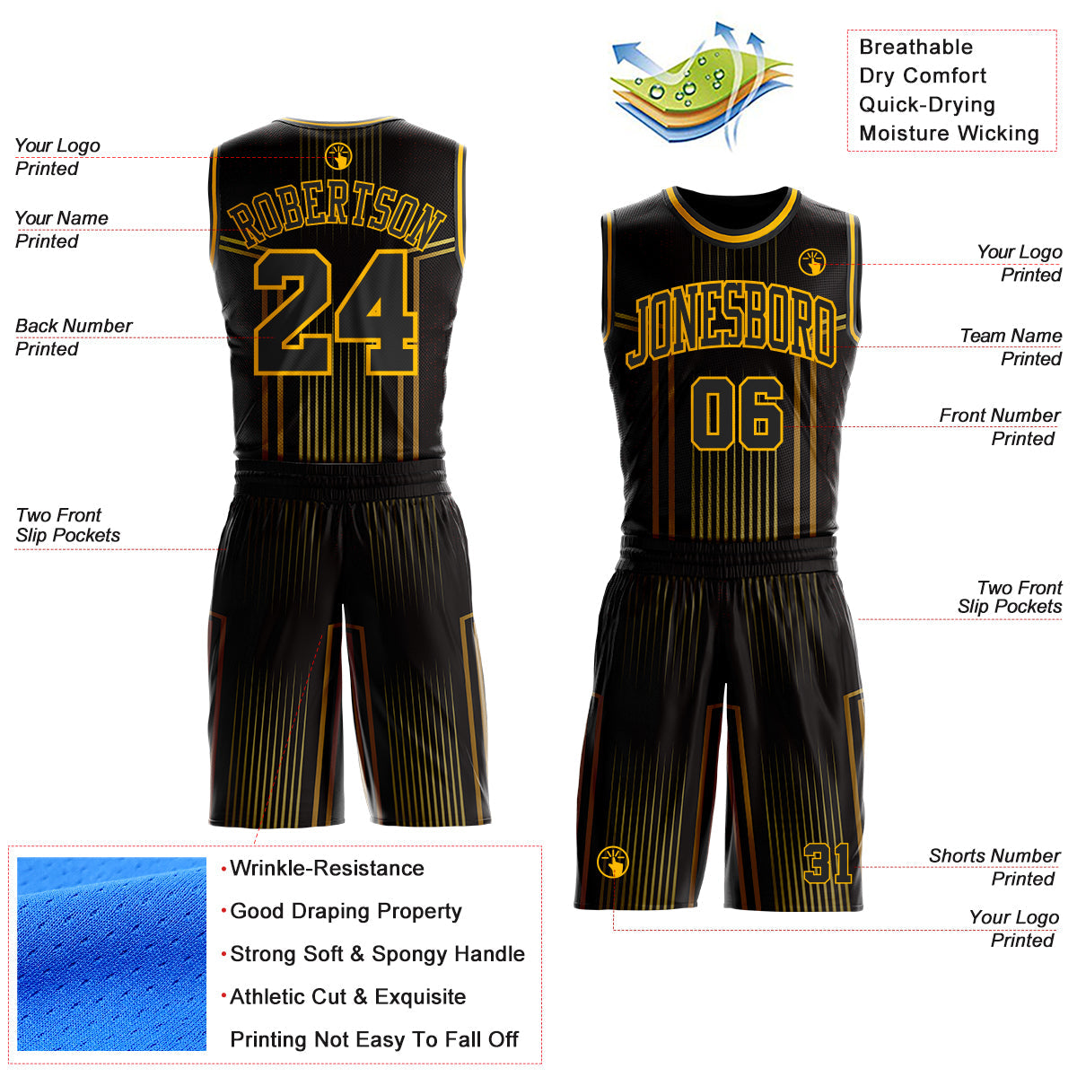 Custom Black Old Gold-Gold Vertical Stripe Gradient Round Neck Sublimation Basketball Uniform Jersey