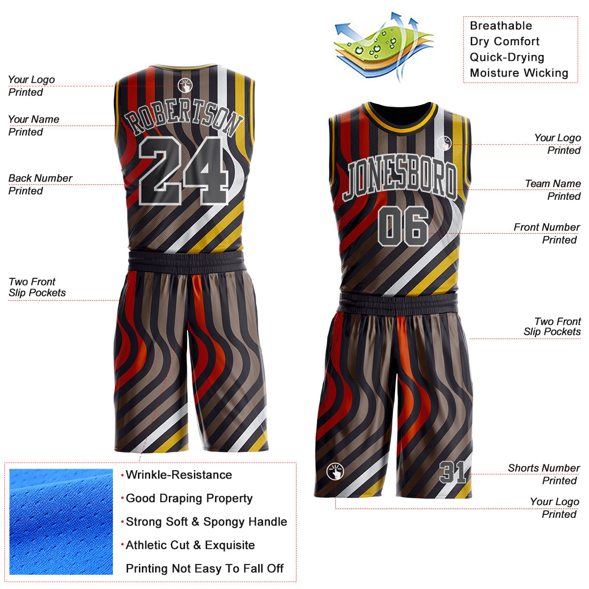 Custom Black Steel Gray Red White-Gold Wave Stripe Round Neck Sublimation Basketball Uniform Jersey