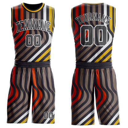 Custom Black Steel Gray Red White-Gold Wave Stripe Round Neck Sublimation Basketball Uniform Jersey