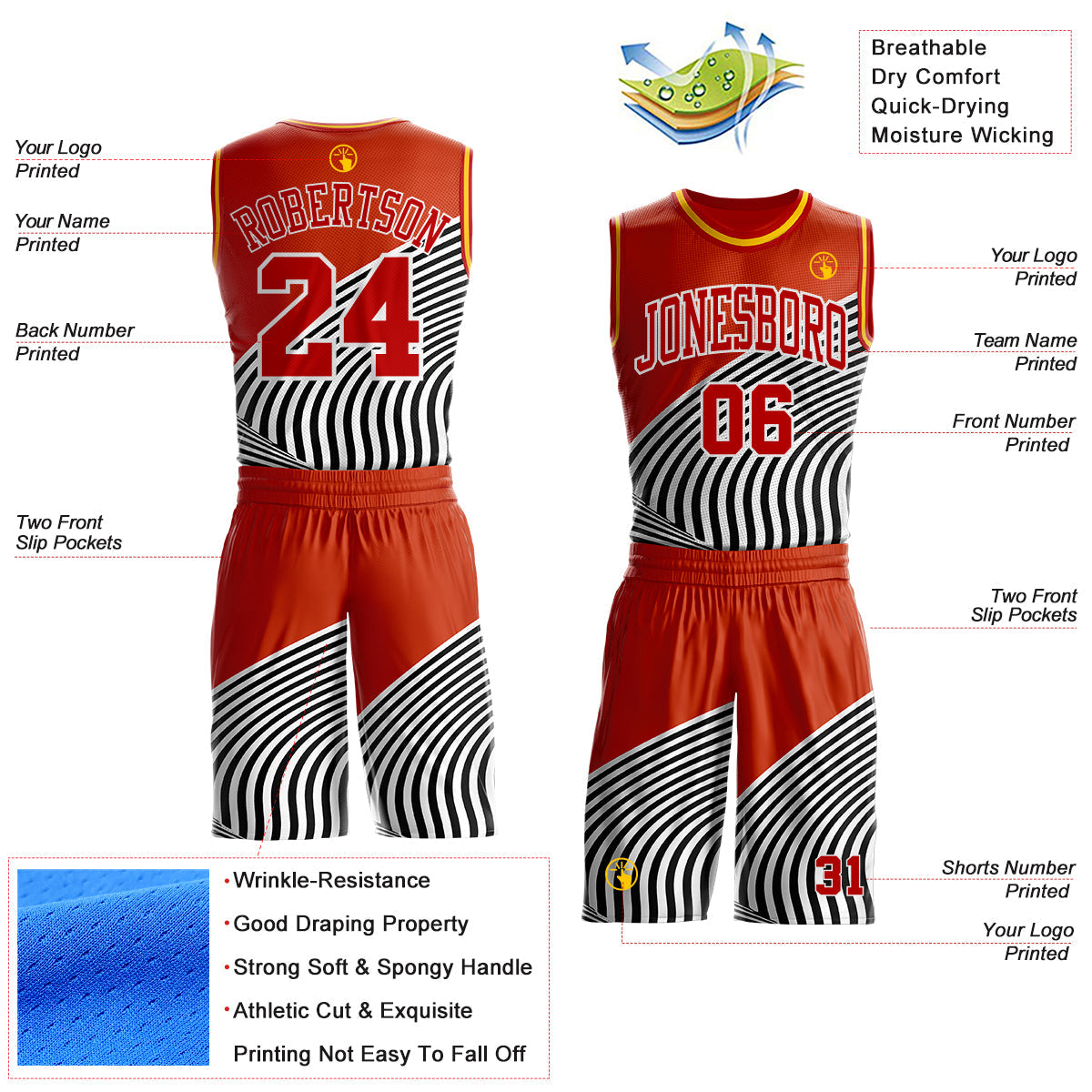 Custom Orange Red Black White-Gold Wave Stripe Round Neck Sublimation Basketball Uniform Jersey