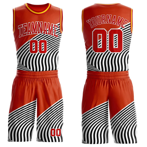 Custom Orange Red Black White-Gold Wave Stripe Round Neck Sublimation Basketball Uniform Jersey