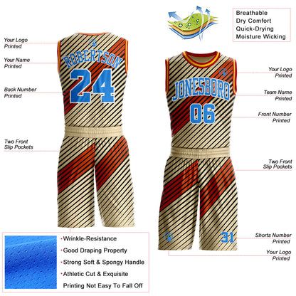 Custom Cream Powder Blue Black White Red-Gold Geometric Stripe Round Neck Sublimation Basketball Uniform Jersey