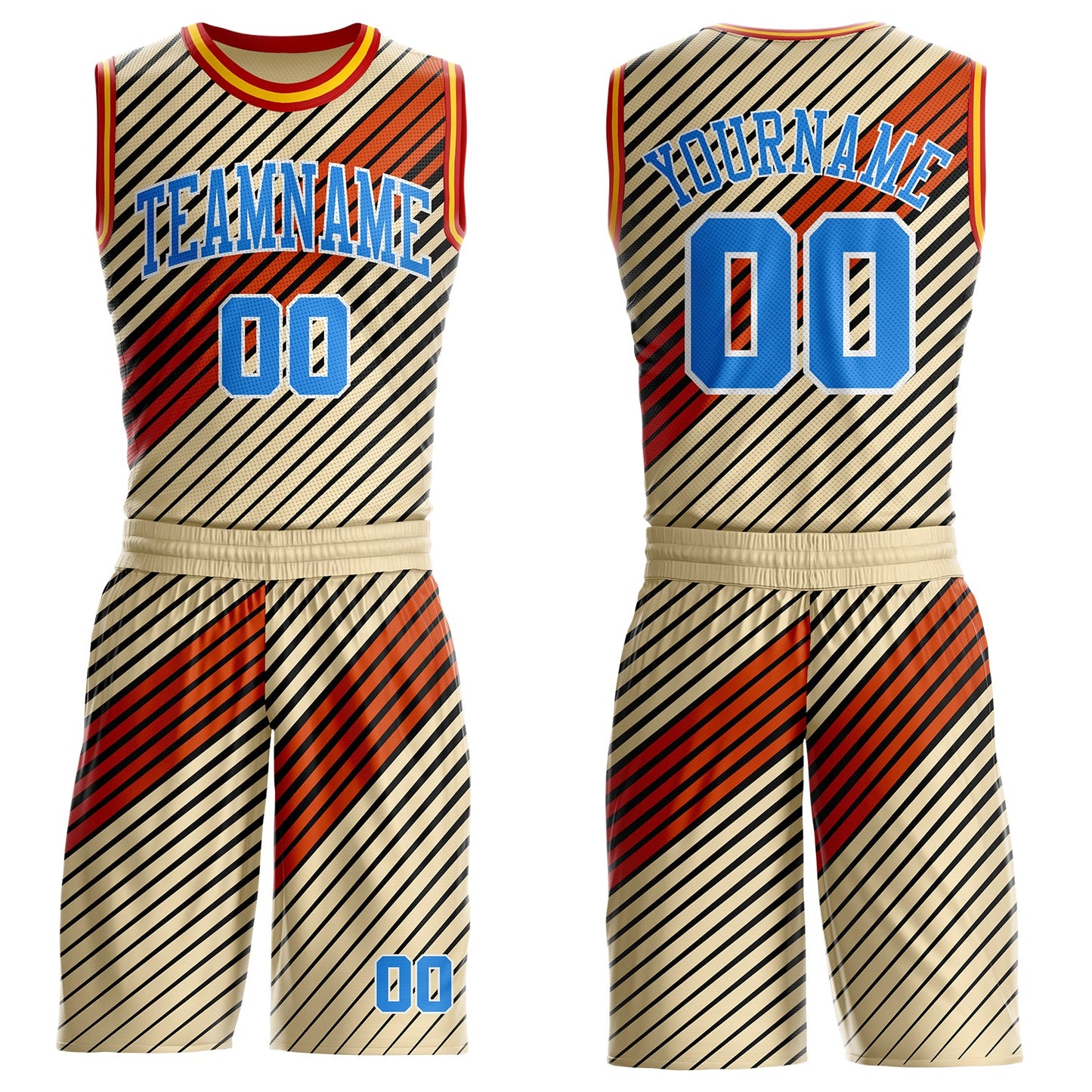 Custom Cream Powder Blue Black White Red-Gold Geometric Stripe Round Neck Sublimation Basketball Uniform Jersey