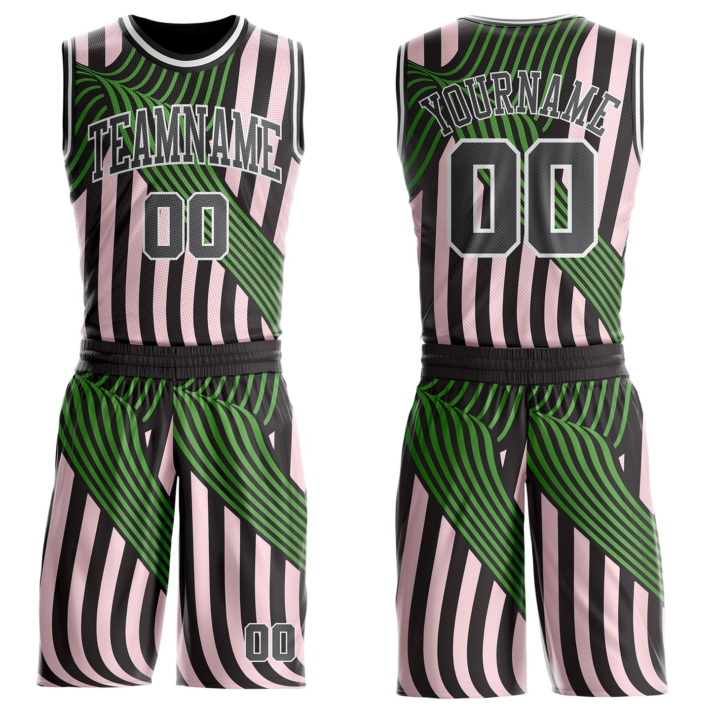 Custom Black Steel Gray Light Pink Green-White Wave Stripe Round Neck Sublimation Basketball Uniform Jersey