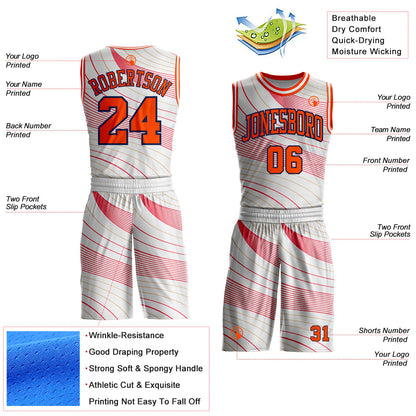 Custom White Orange Neon Pink Old Gold-Navy Wave Stripe Round Neck Sublimation Basketball Uniform Jersey