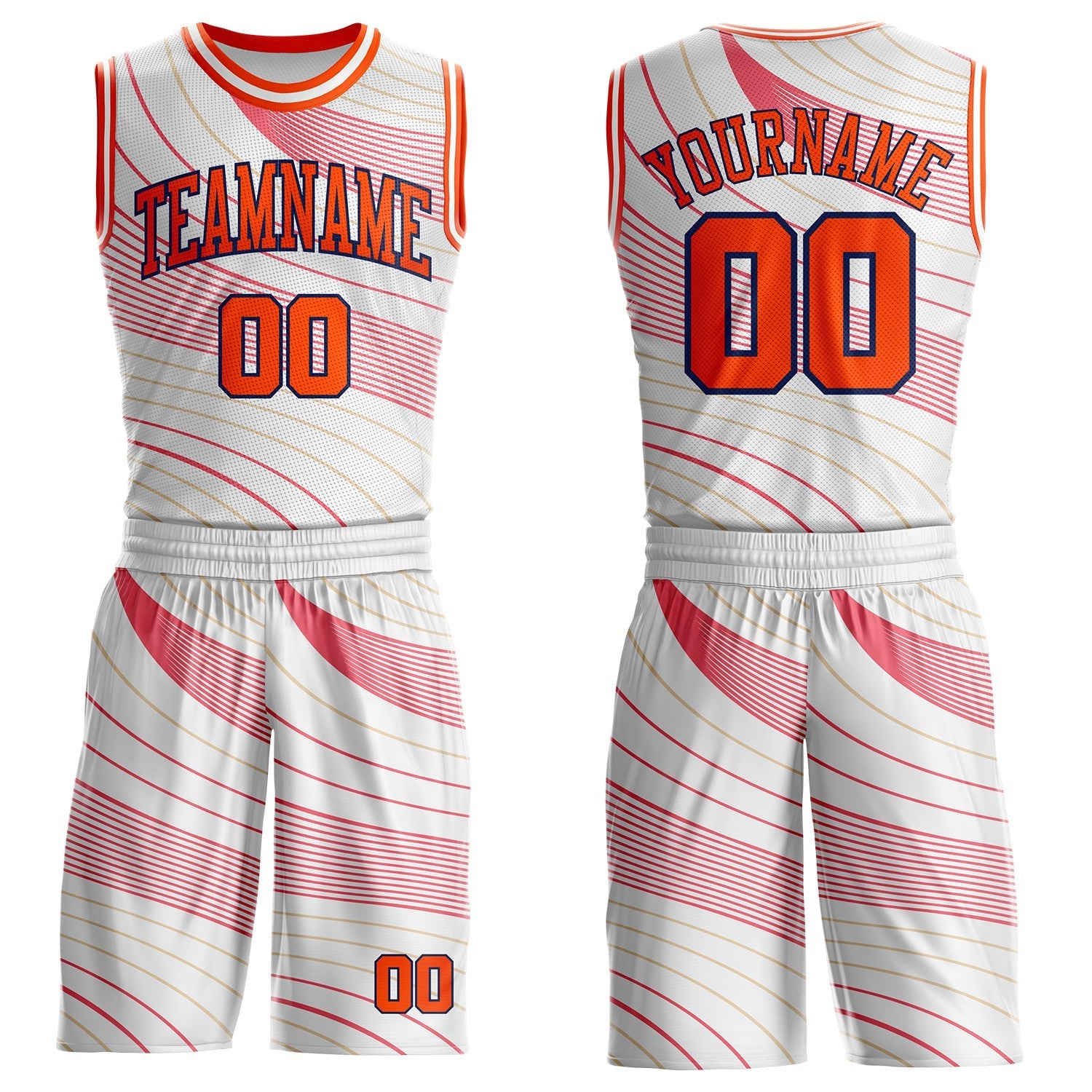Custom White Orange Neon Pink Old Gold-Navy Wave Stripe Round Neck Sublimation Basketball Uniform Jersey
