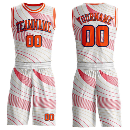 Custom White Orange Neon Pink Old Gold-Navy Wave Stripe Round Neck Sublimation Basketball Uniform Jersey