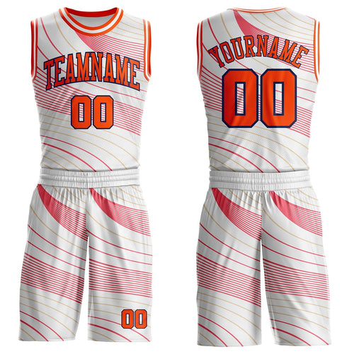 Custom White Orange Neon Pink Old Gold-Navy Wave Stripe Round Neck Sublimation Basketball Uniform Jersey