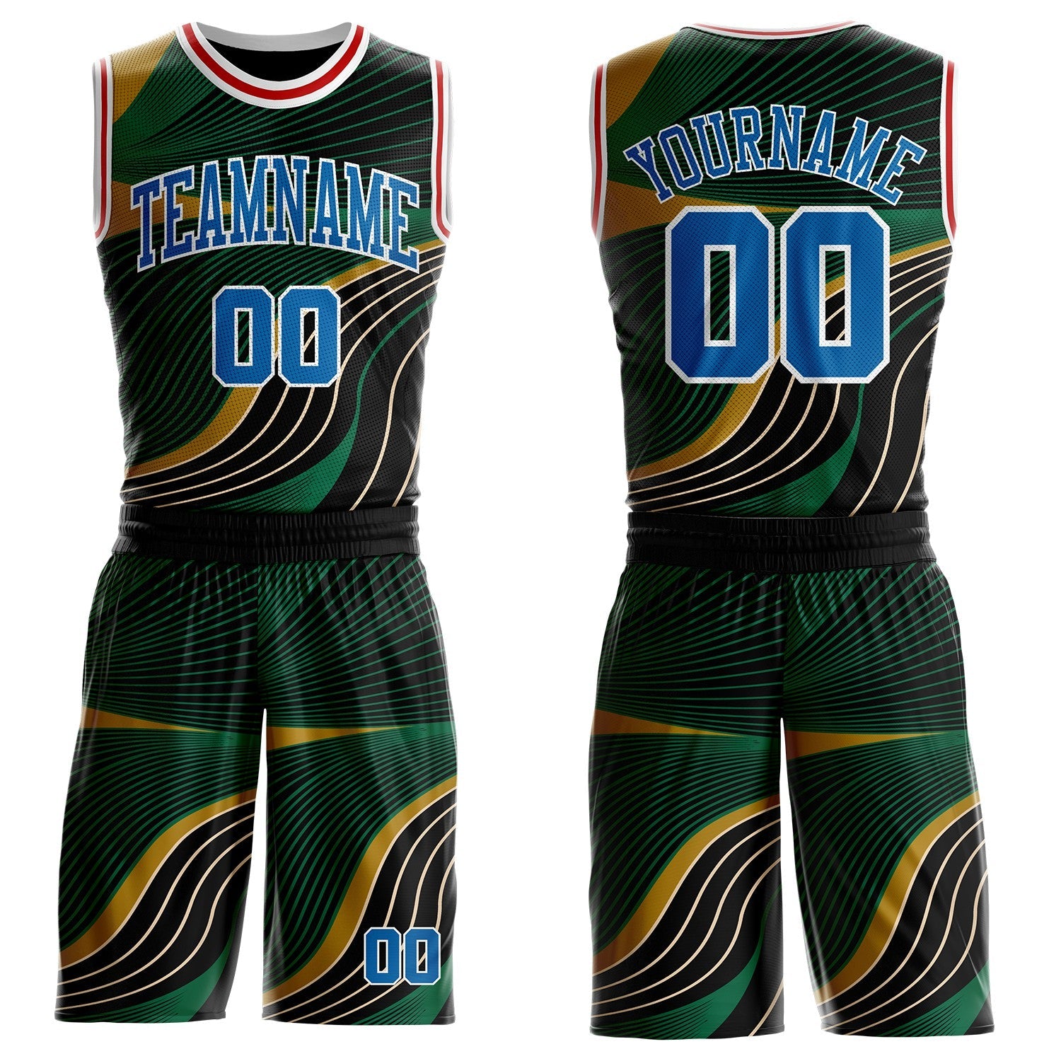 Custom Black Blue Green Old Gold White-Red Wave Stripe Round Neck Sublimation Basketball Uniform Jersey