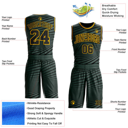 Custom Gray Black-Gold Radial Stripe Round Neck Sublimation Basketball Uniform Jersey