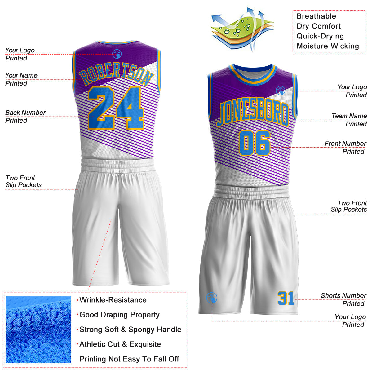 Custom White Powder Blue Purple-Gold Diagonal Stripe Round Neck Sublimation Basketball Uniform Jersey