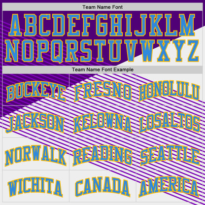 Custom White Powder Blue Purple-Gold Diagonal Stripe Round Neck Sublimation Basketball Uniform Jersey