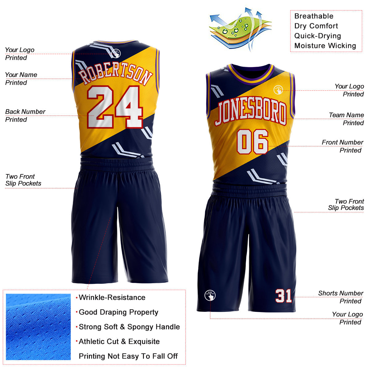 Custom Navy White Red Purple-Gold Diagonal Split Arrow Stripe Round Neck Sublimation Basketball Uniform Jersey