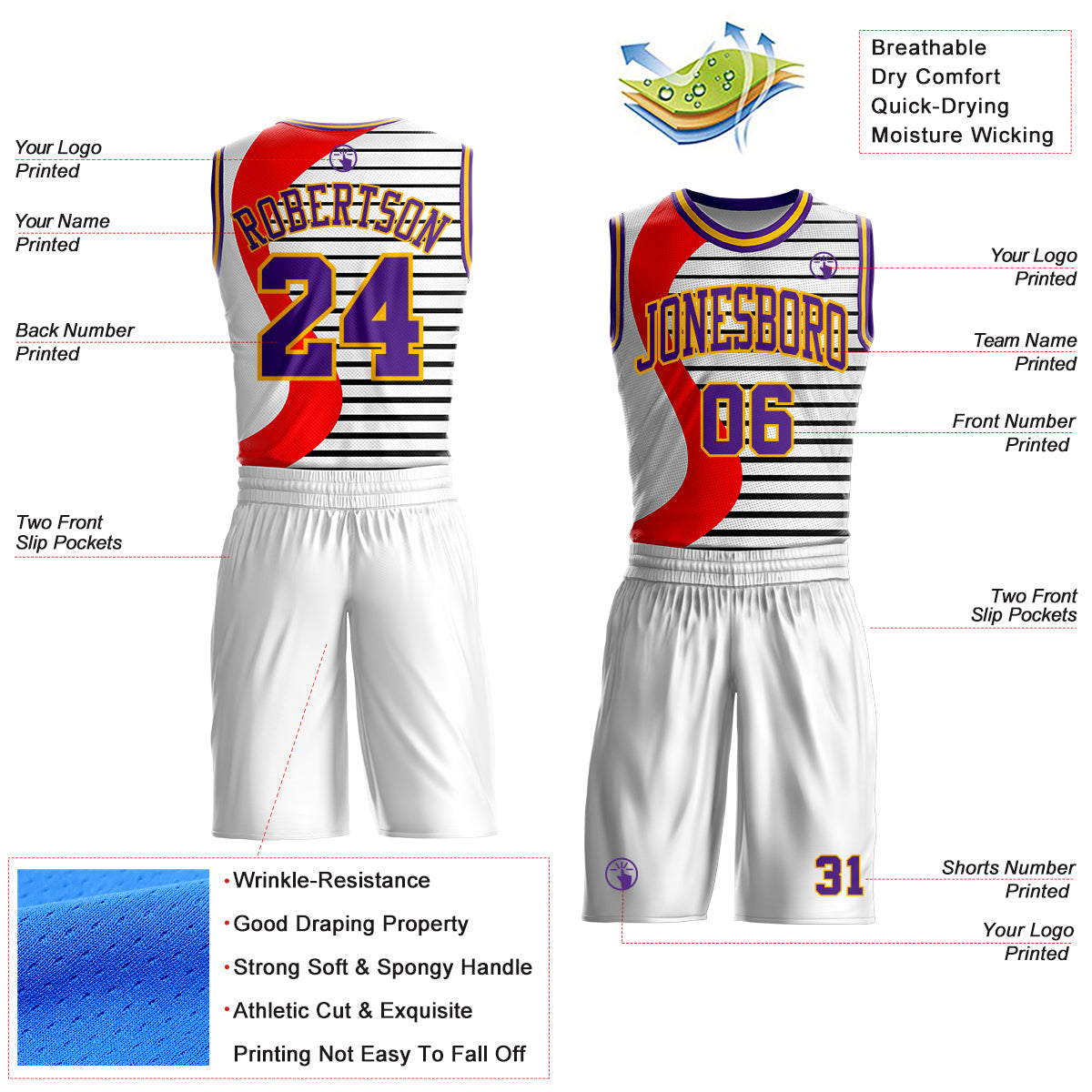 Custom White Purple Red-Gold Wave Stripe Round Neck Sublimation Basketball Uniform Jersey