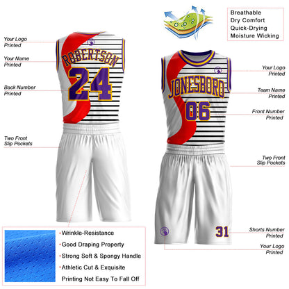 Custom White Purple Red-Gold Wave Stripe Round Neck Sublimation Basketball Uniform Jersey