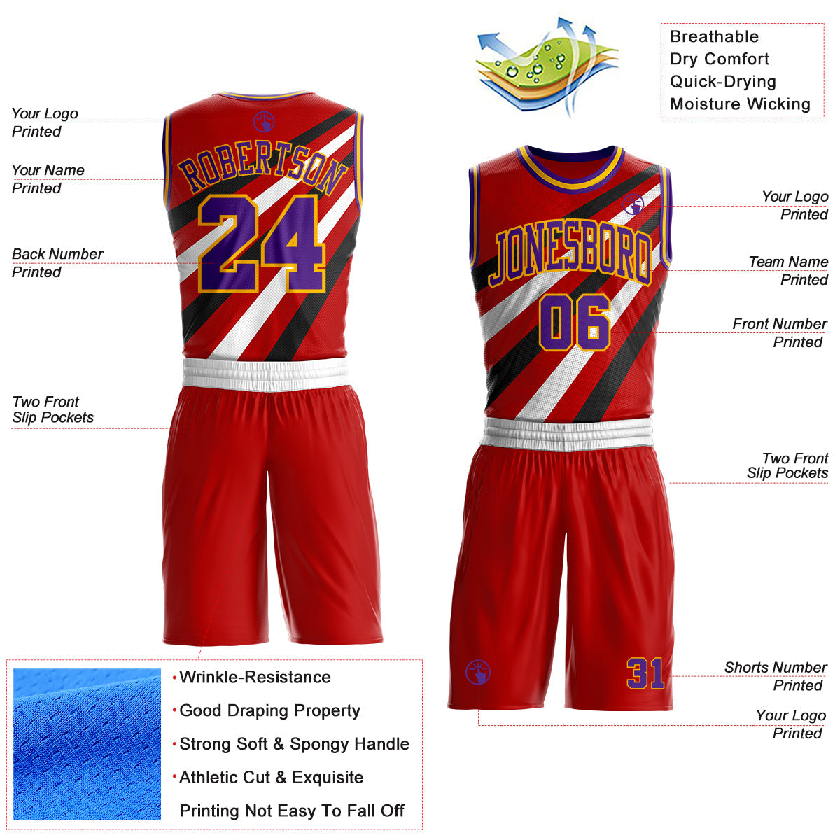 Custom Red Purple Black-Gold Diagonal Stripe Round Neck Sublimation Basketball Uniform Jersey