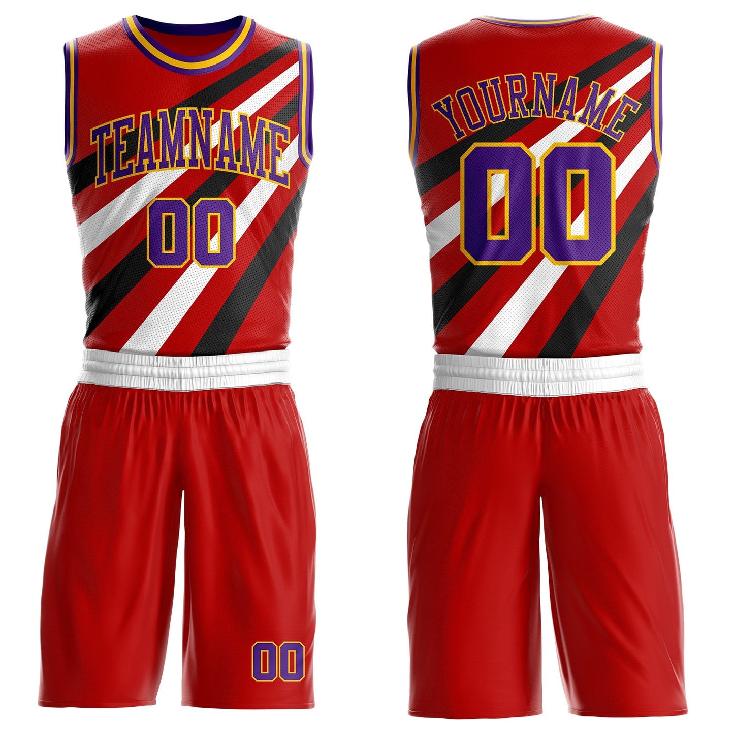 Custom Red Purple Black-Gold Diagonal Stripe Round Neck Sublimation Basketball Uniform Jersey
